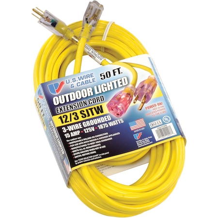 U.S. Wire & Cable SJTW Extension Cord, 12 AWG, Outdoor, 12/3, 1 Outlets, 5-15R, Yellow, Vinyl, 5-15P, 50 ft 74050